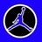 Circular icon with white border on blue background, black interior containing blue and white stylized figure in dynamic pose.
