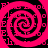 Four identical pink and black spiral patterns arranged in a with pixelated text fragments scattered around the spirals