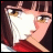 Pixelated anime-style character with brown hair and brown eyes, wearing red clothing, next to stylized text on a black background.