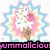Pixelated ice cream cone with pink and white toppings inside a light blue starburst border, displayed in three variations.