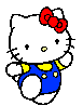 White cat with red bow, blue overalls, yellow shirt, and gray feet in nine distinct poses on gray background.