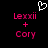 Pixelated pink text 'Lexxi' and 'Cory' with a plus sign between them, above which is a white pixelated heart symbol on black background.