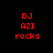 Red pixelated text "DJ AZI rocks" appears on a black background, then transitions to a yellow radial glow effect surrounding the text.