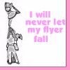 Black-and-white cheerleading pose with one person lifting another overhead, pink text reading "I will never let my flyer fall!" on white background with pink border.