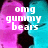 Pixelated image with pink and cyan gradient background displaying white text 'omg gummy bears' in three lines.