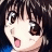 Anime-style character with dark hair and large brown eyes, mouth open with tongue out, next to black background with white text.