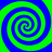Four spirals in alternating blue and green colors arranged symmetrically on a solid background.