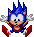Pixel art of a blue hedgehog character with spiky hair, white face, brown muzzle and chest, red shoes, and gray gloves in two poses against light gray background.