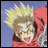 Pixelated anime character with spiky blonde hair and red hoodie against blue background, next to black with white text