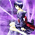 Pixelated figure in dark blue outfit with red accents stands against purple gradient background, holding white object near chest.