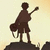 Pixelated static icon of a dark silhouette figure standing on rocky terrain holding a long staff-like object against a light gradient background.