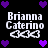 Pixelated icon with white text 'Brianna Caterino' and three fish symbols on black background, surrounded by purple hearts.