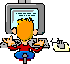 Pixelated cartoon character with orange hair sits at desk, typing on keyboard with both hands, facing gray computer monitor showing blue screen with black text.