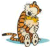 A static contact sheet of a Calvin and Hobbes cartoon featuring a tiger character hugging itself with repeated text "Sometimes all we need is a hug" in red and pink pixelated fonts.