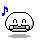 Pixelated white circular character with pink blush, black eyes, and gray mouthpiece; four variations show changing musical note colors above the head.