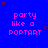 Blue background with pink text reading 'party like a Poptart' repeated in a , scattered dark purple stars, and a gray rectangle in the bottom-right corner