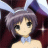 Pixelated anime-style character with short purple hair, black eyes, and a light blue bow tie against a dark red background.