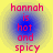 Four identical circular icons with yellow background and blue gradient center display red text reading 'hannah is hot and spicy' in pixelated font.