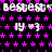 Animated icon with repeating text and star pattern on black background, showing sequential changes in letter spacing and character visibility.