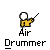 Pixelated character in yellow shirt with white head holding drumsticks, performing various drumming motions under "Air Drummer" text.