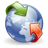 Pixelated globe icon with blue and white landmasses, green top-left arrow, orange-red bottom-right arrow on gray background.