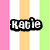 Pixelated text 'Katie' in white letters on black background with vertical pink, white, orange, and green stripes.