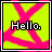Static pixel art displays "Hello." text over a bright yellow and pink X-patterned background with black-and-white borders.