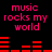 Pixelated pink text "music rocks my world" appears twice on a black background with red audio equalizer bars below each text block.