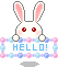Pixel art bunny with red eyes and pink cheeks holds a pastel-framed sign reading HELLO! in blue text.