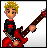 Pixel art icon of a character with spiky blonde hair playing a red electric guitar, wearing a black shirt with red accents and gray pants against a white background.