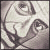 Pixelated grayscale image of a stylized figure with curved limbs and abstract facial features on a light background.