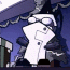 Pixelated character with white face and dark clothing stands under blue canopy, head slightly tilted left in first frame, then turned right in second frame.