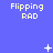 Blue background with yellow text 'Flipping RAD' repeated across the image and small white pixelated symbols scattered throughout.