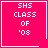 Four identical pink square display "SHS CLASS OF '03" text with white pixelated font; two include small symbols in corners