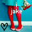 A person in red tights and a teal skirt holds a small gift bag against a blue wall with white trim, showing text changes from "i jake" to "love 9-1-07" across frames.