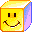 Yellow cube with purple side and orange border displays multiple smiley face expressions including closed eyes, open mouth, and tongue-out variations.