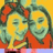 Two stylized cartoon faces with closed eyes and smiling expressions, wearing red headpieces against a yellow background.
