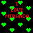Pixelated green hearts float on black background with red text 'I LOVE MIRANDA' repeated in multiple positions.