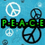 A digital icon featuring a peace symbol with 'P-E-A-C-E' text, displayed in multiple color variations including blue, rainbow, and multicolored patterns.