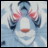Pixelated anime-style character with blue hair, red eyes, and a white outfit against a light blue background, next to black with white text