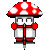 Two pixel-art mushroom characters with red-and-white caps, white bodies, and red accents in a side-by-side contact sheet format on gray background.
