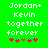 Green background with white pixelated text reading "Jordan+ Kevin together forever" and five pink/brown flower icons below.
