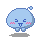 Two pixelated blue characters with pink cheeks and dark blue features stand side-by-side on a gray background, each with a small bubble above their head.