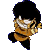 Pixelated character with black hair and orange-brown striped shirt in multiple poses against gray background.
