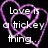Static pixel art icon with white text reading 'Love is a tricky thing.' inside a purple heart outline on black background.
