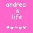 Pixelated text 'andrea is life' on pink background with white and light pink heart symbols below.