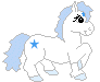 Four pixelated white ponies with light blue manes and tails, each featuring a solid blue star on the flank, displayed in a against a gray background