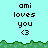 Pixelated text 'ami loves you <3' on light cyan background with green grass border, repeated across multiple
