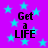 Purple background with scattered cyan stars and repeated black text reading "Get a LIFE" in four quadrants.