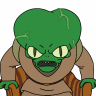 Green-skinned cartoon character with large yellow eyes, brown body, and orange striped shoulder straps, rendered in pixel art style.